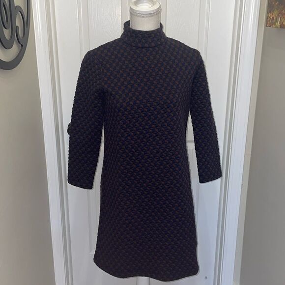 Tuckernuck Navy & Brown Geometric Print Quilted Mock Neck Dress, NWT - Picture 1 of 10